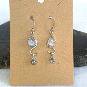 Sterling Silver 925 Moonstone Cabochon & Faceted Blue Topaz Dangle Earrings